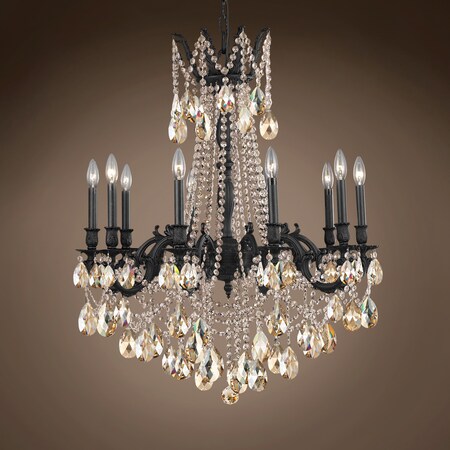 Traditional Versailles 10 Light 28" Crystal Chandelier, Dark Bronze Frame with Cognac European Tear Drop Crystals, Hanging Ceiling Light
